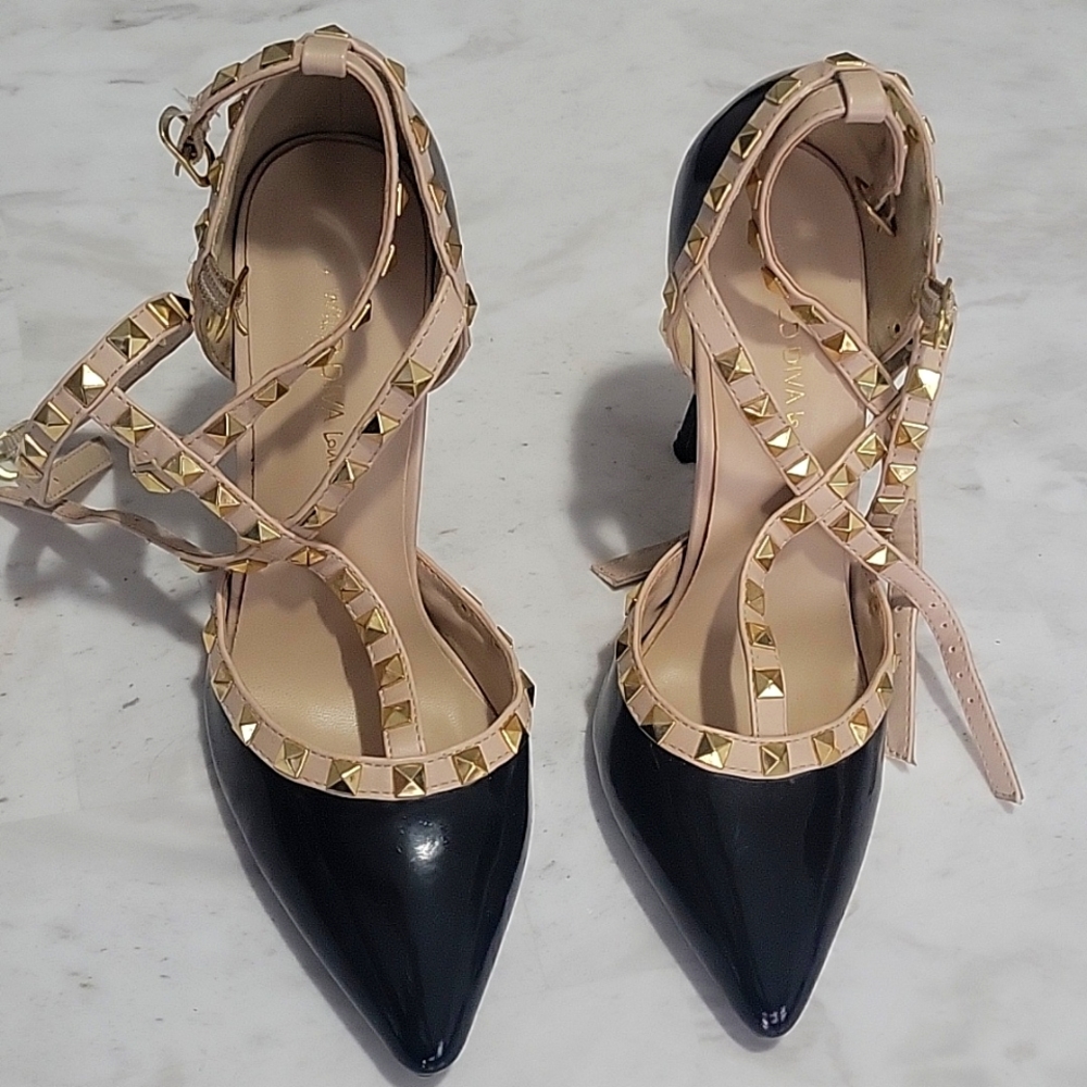 Wild Diva Black and Blush Studded Pointed Toe Heels